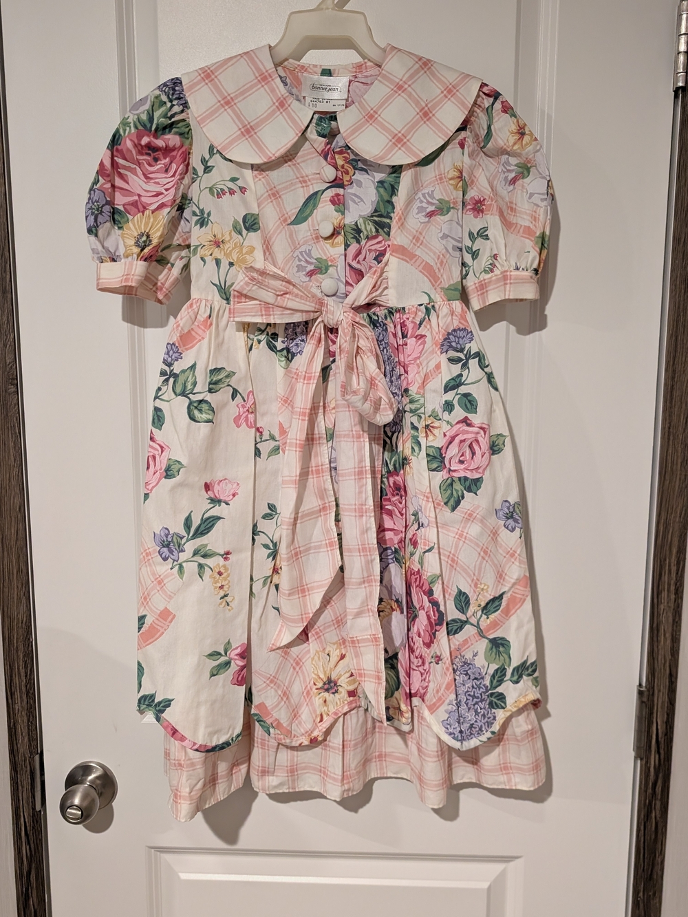 Vintage Bonnie Jean Pink Plaid & Floral Tie-Waist Dress Cotton